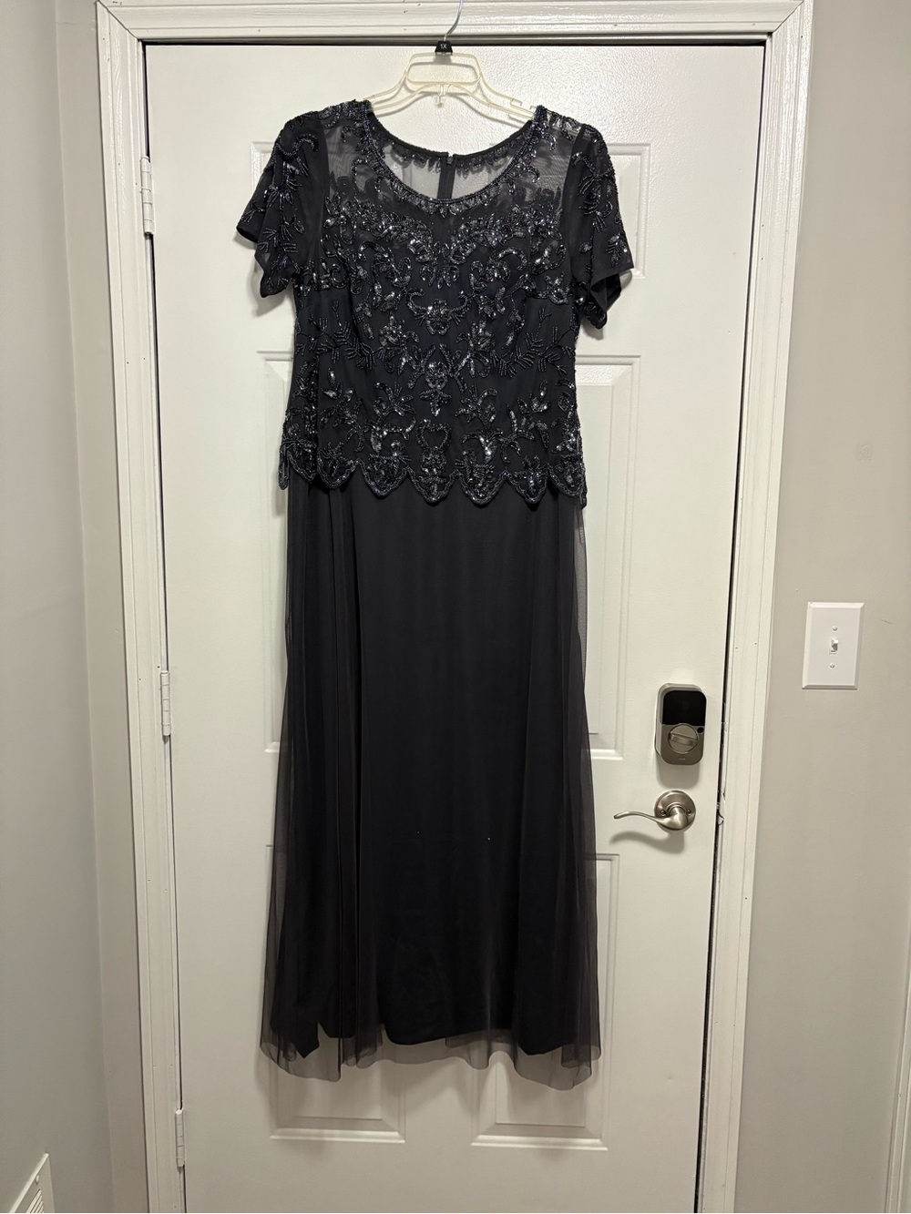 Oleg Cassini Beaded Short-Sleeve Maxi Dress in Gunmetal Grey
